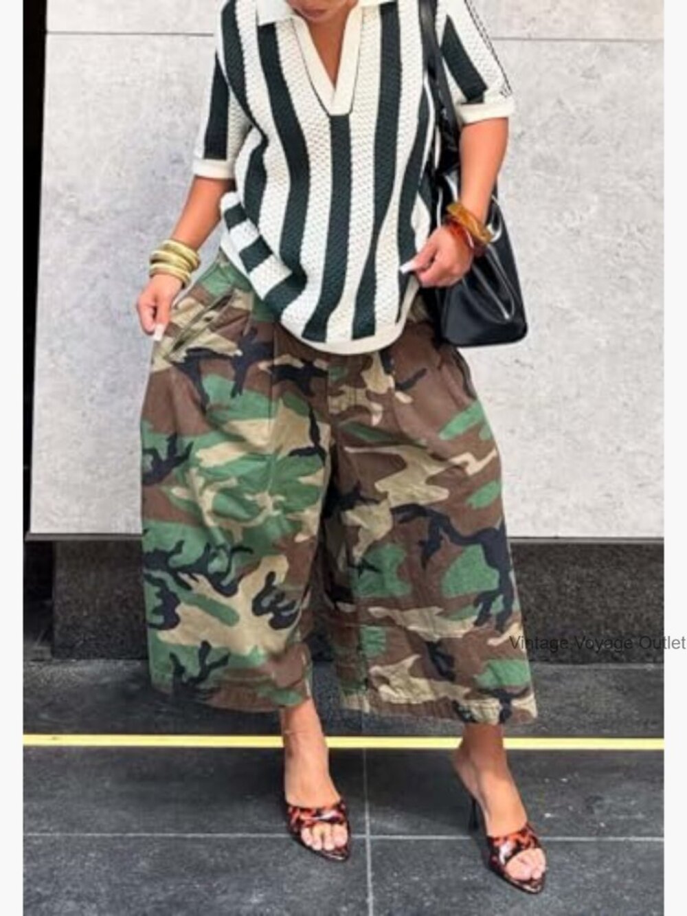 Women's Camo Barrel Pants High Waisted Wide Leg Cropped Trousers - Picture 3 of 7